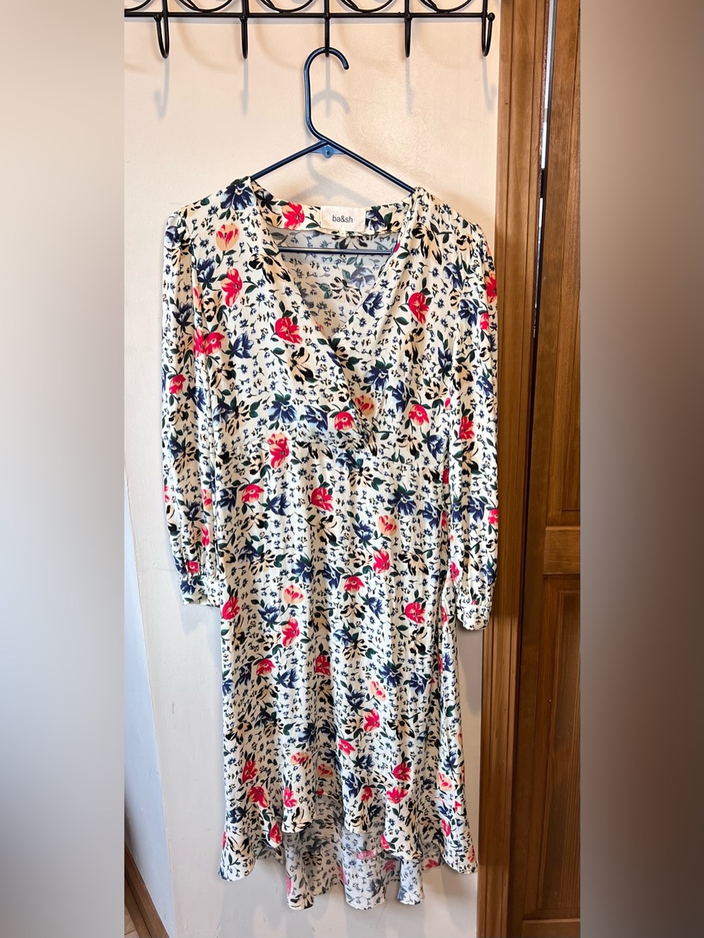 ba&sh Cream Floral Midi Dress with Pink & Navy Print